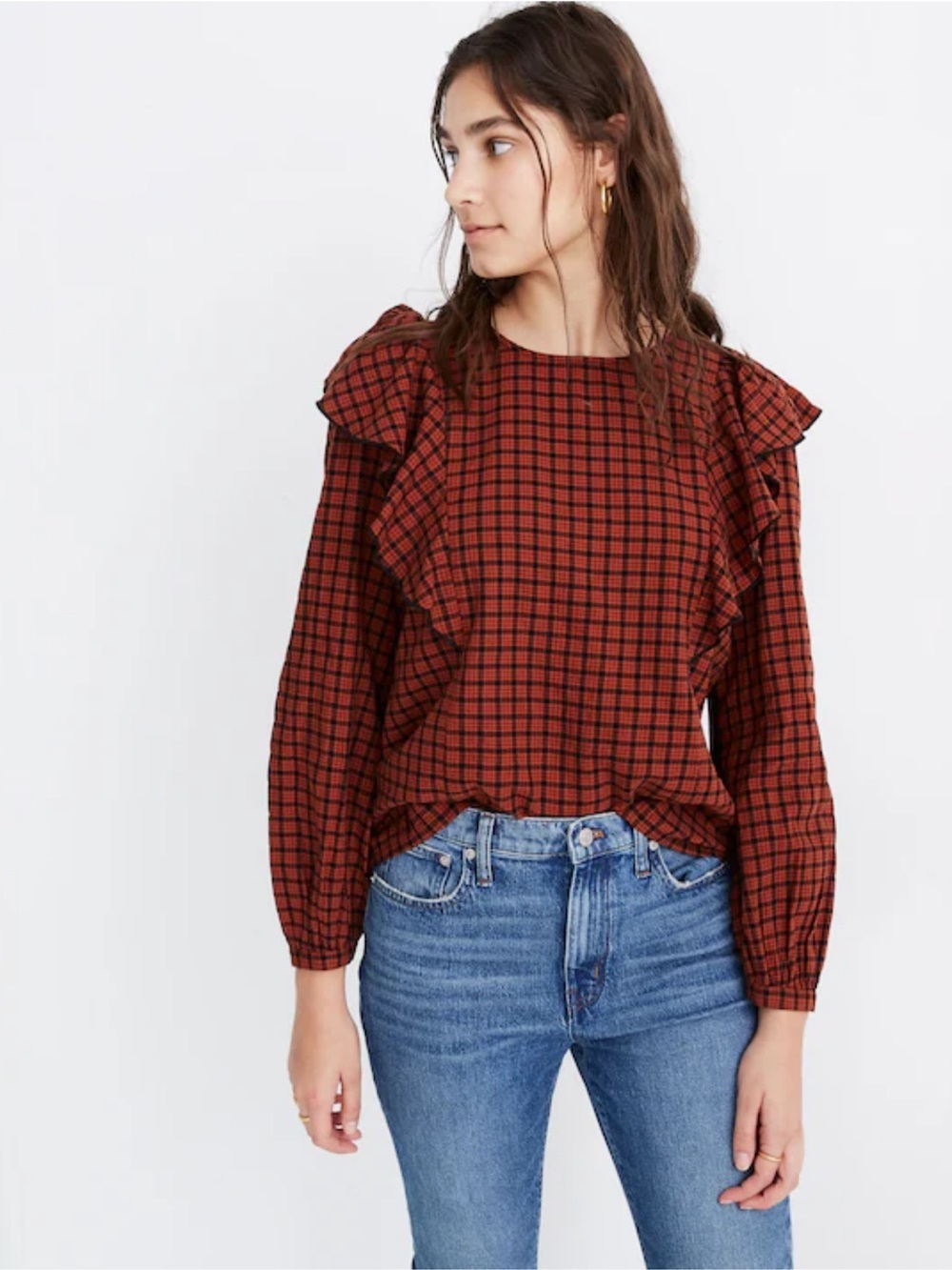MADEWELL Orange and Black Plaid Ruffle Blouse